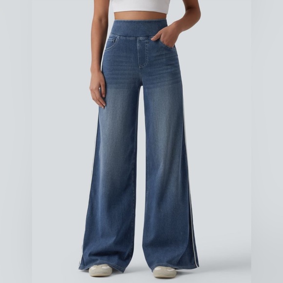 HALARA Blue Wide-Leg Pants with White Stripe - Picture 3 of 6